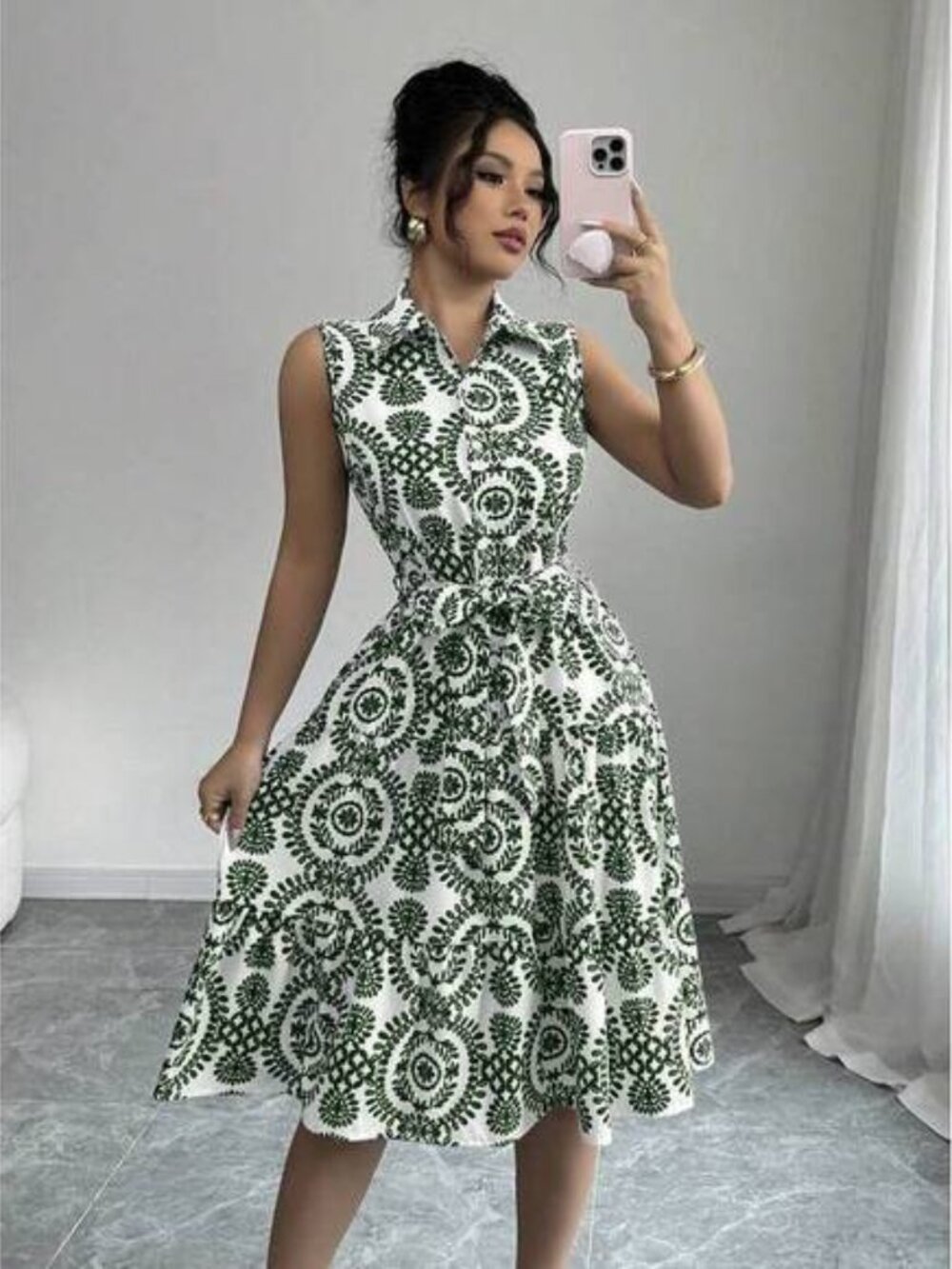 Elenzga Floral Ruffle Hem Sleeveless Shirt Dress